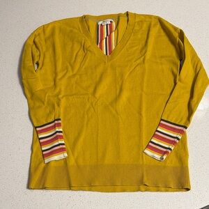 Boden Mustard V-Neck Sweater with Striped Cuffs